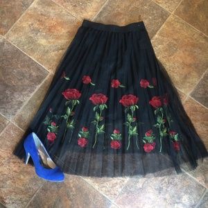 Rose Embroidered Midi Skirt